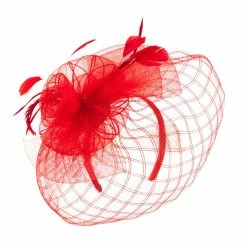 Something Special Spiral Design Net Fascinator With Feathers -Adams Shop ds003df red 2
