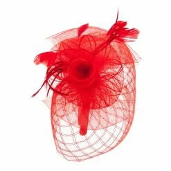 Something Special Spiral Design Net Fascinator With Feathers -Adams Shop ds003df red 3