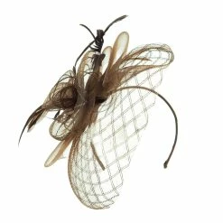 Something Special Spiral Design Net Fascinator With Feathers -Adams Shop ds005df brown 1