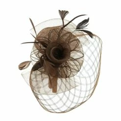 Something Special Spiral Design Net Fascinator With Feathers -Adams Shop ds005df brown 3