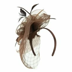 Something Special Spiral Design Net Fascinator With Feathers -Adams Shop ds005df brown 4