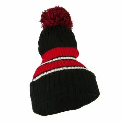 City Hunter Two Tone Striped Knit Pom Beanie -Adams Shop pb009bf black red 4 2