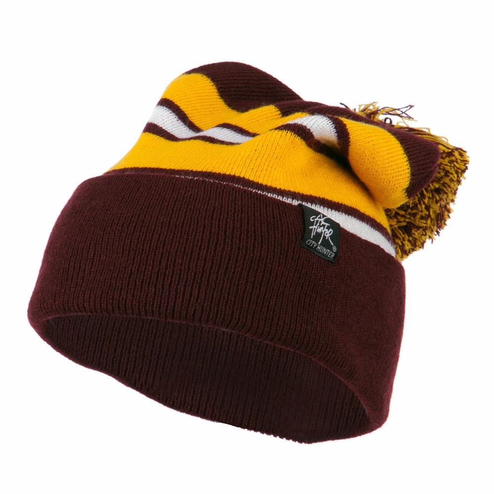 City Hunter Two Tone Striped Pom Cuff Beanie 8 City Hunter Two Tone Striped Pom Cuff Beanie - Image 6