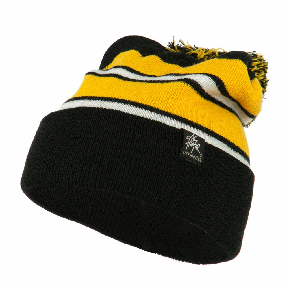 City Hunter Two Tone Striped Pom Cuff Beanie 18 City Hunter Two Tone Striped Pom Cuff Beanie - Image 16