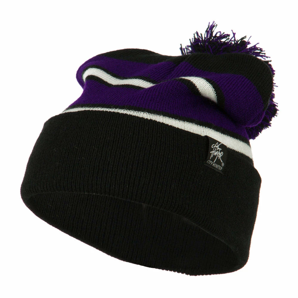City Hunter Two Tone Striped Pom Cuff Beanie 23 City Hunter Two Tone Striped Pom Cuff Beanie - Image 21