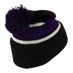 City Hunter Two Tone Striped Pom Cuff Beanie 84 City Hunter Two Tone Striped Pom Cuff Beanie -Adams Shop pc006bf black purple 3 2