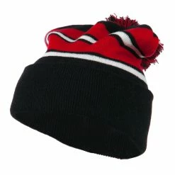 City Hunter Two Tone Striped Pom Cuff Beanie 117 City Hunter Two Tone Striped Pom Cuff Beanie -Adams Shop pc012bf black red 1 1