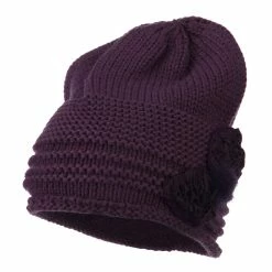 Cheveux Decoration Feather Pom Rolled Beanie -Adams Shop pf008ps eggplant 1