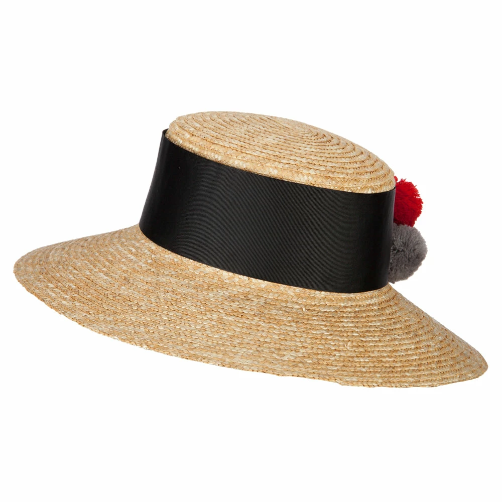Jeanne Simmons Women's Straw Wide Band With Pom Pom Accented Boater Hat 4 Jeanne Simmons Women's Straw Wide Band With Pom Pom Accented Boater Hat - Image 2