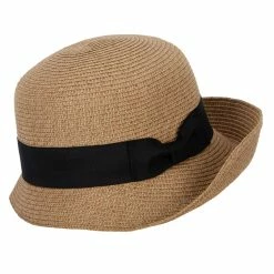 Jeanne Simmons Women's Paper Braid Ribbon Band Trim Turn Up Front Brim Cloche Hat -Adams Shop ri001cl tan tweed 3