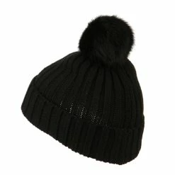 City Hunter Knit Cuff Beanie With Rabbit Pom 58 City Hunter Knit Cuff Beanie With Rabbit Pom -Adams Shop rp006bf black 2