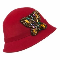 Something Special Wool Felt Cloche Hat With Rhinestone Butterfly -Adams Shop rt002cl red 5