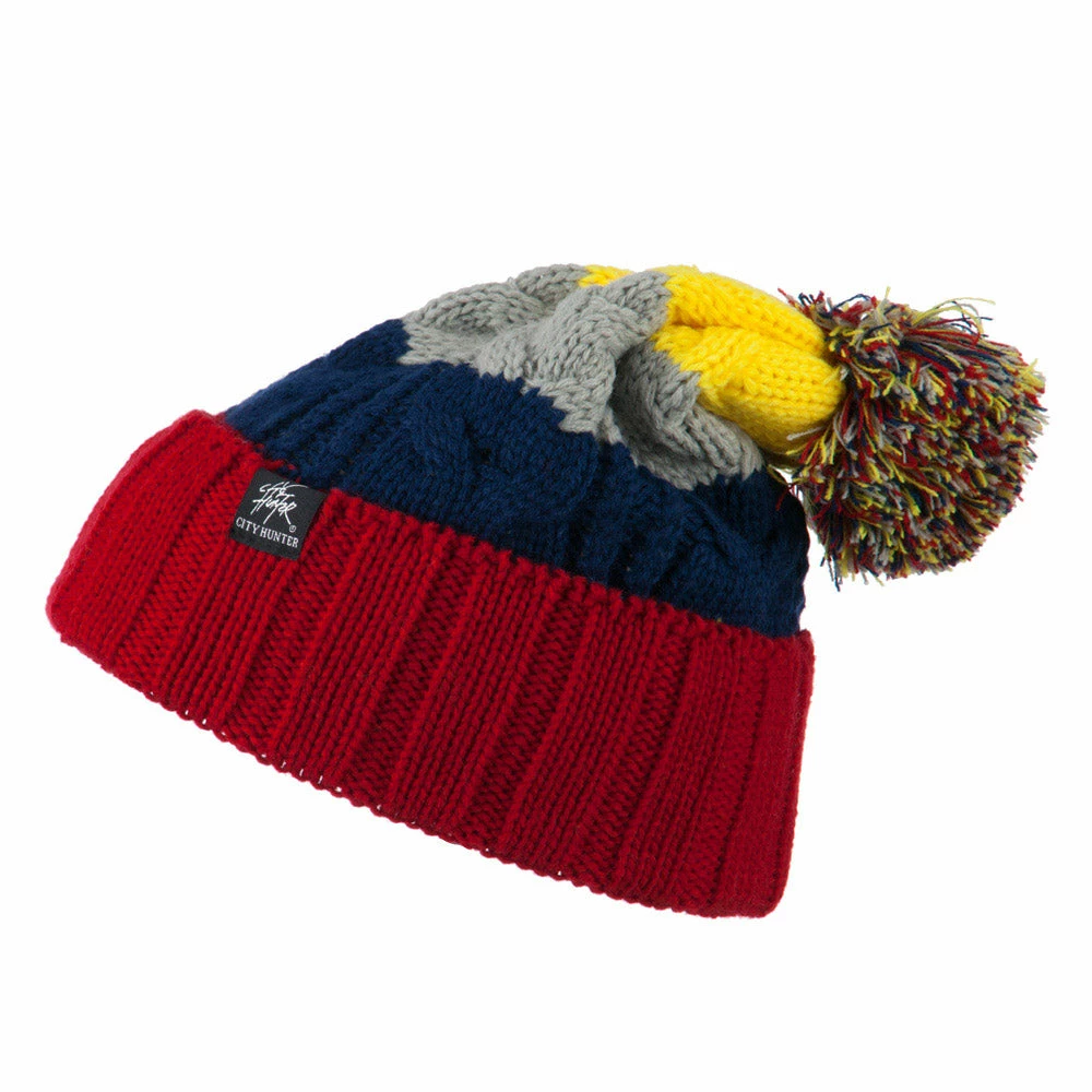 City Hunter Three Tone Knit Pom Beanie 47 City Hunter Three Tone Knit Pom Beanie - Image 45