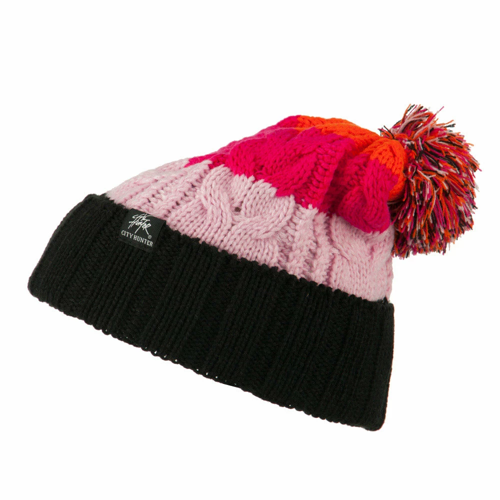 City Hunter Three Tone Knit Pom Beanie 27 City Hunter Three Tone Knit Pom Beanie - Image 25